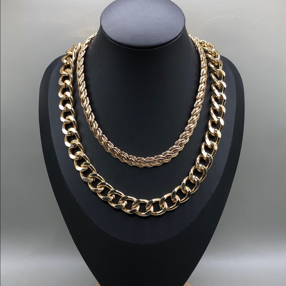 Gold tone chunky chain trendy costume jewelry necklaces bundle 2 layered look.
